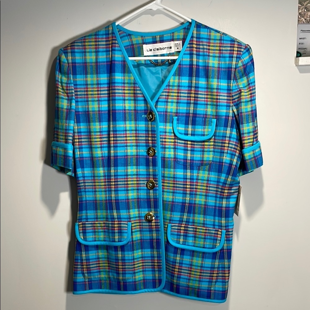 Liz Claiborne Vintage Plaid Blazer Jacket Short Sleeve NWT Size 14